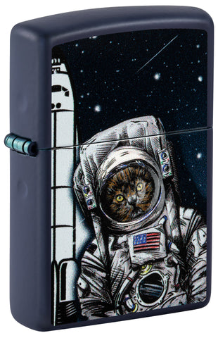 Front shot of ˫ Space Kitten Navy Matte Windproof Lighter standing at a 3/4 angle.